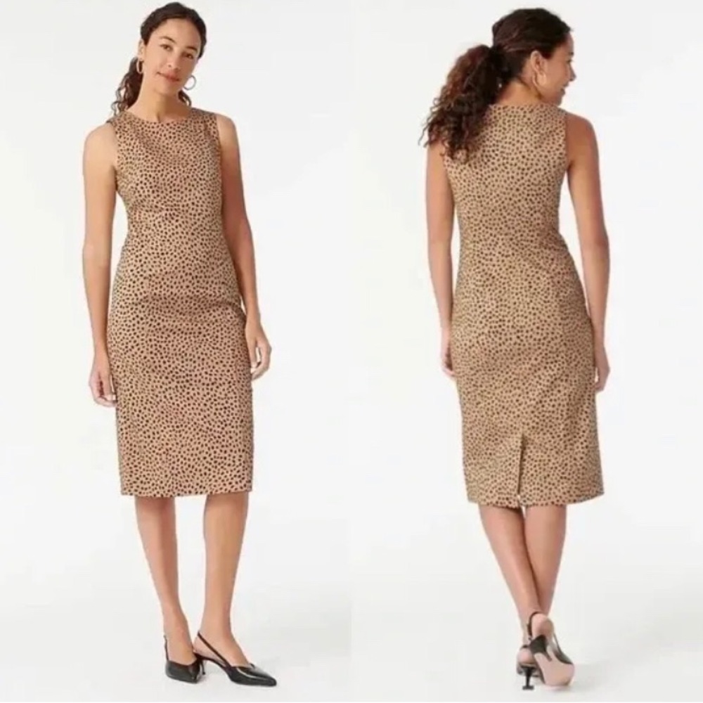 🍁🍂🎃J CREW ANIMAL LEOPARD PRINT SHEATH DRESS MIDI LENGTH NWOT BEIGE BLACK SPOTS